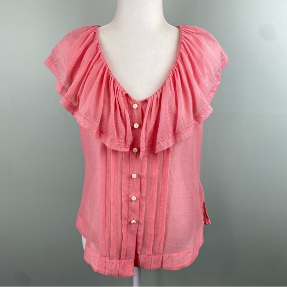 Anthro Moulinette Soeurs silk blend Ruffle button down sheer Blouse size 6 - Picture 7 of 10